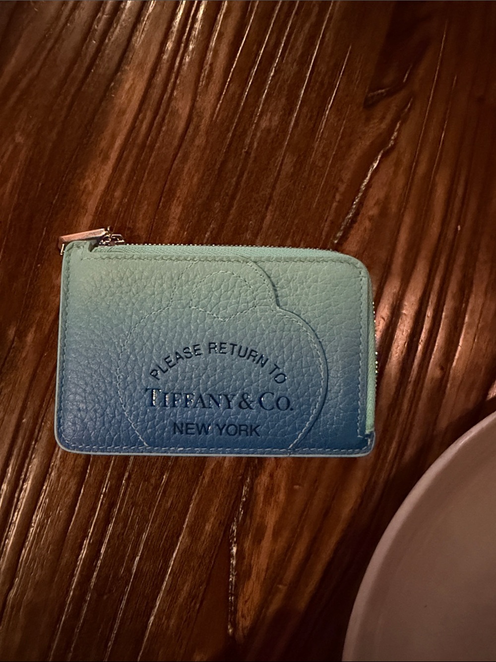 Tiffany & Co. Blue Gradient Pebbled Leather Zip Card Case